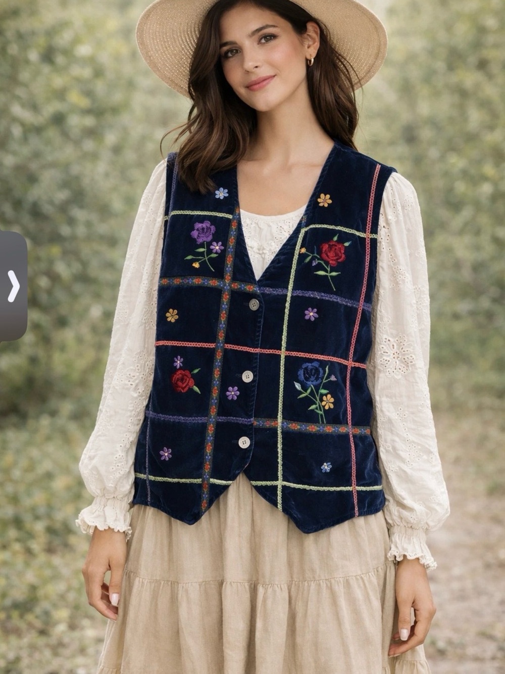 Vintage 80s 90s Casey & Max Vest Women M/L Blue Velvet Floral Cottagecore Boho